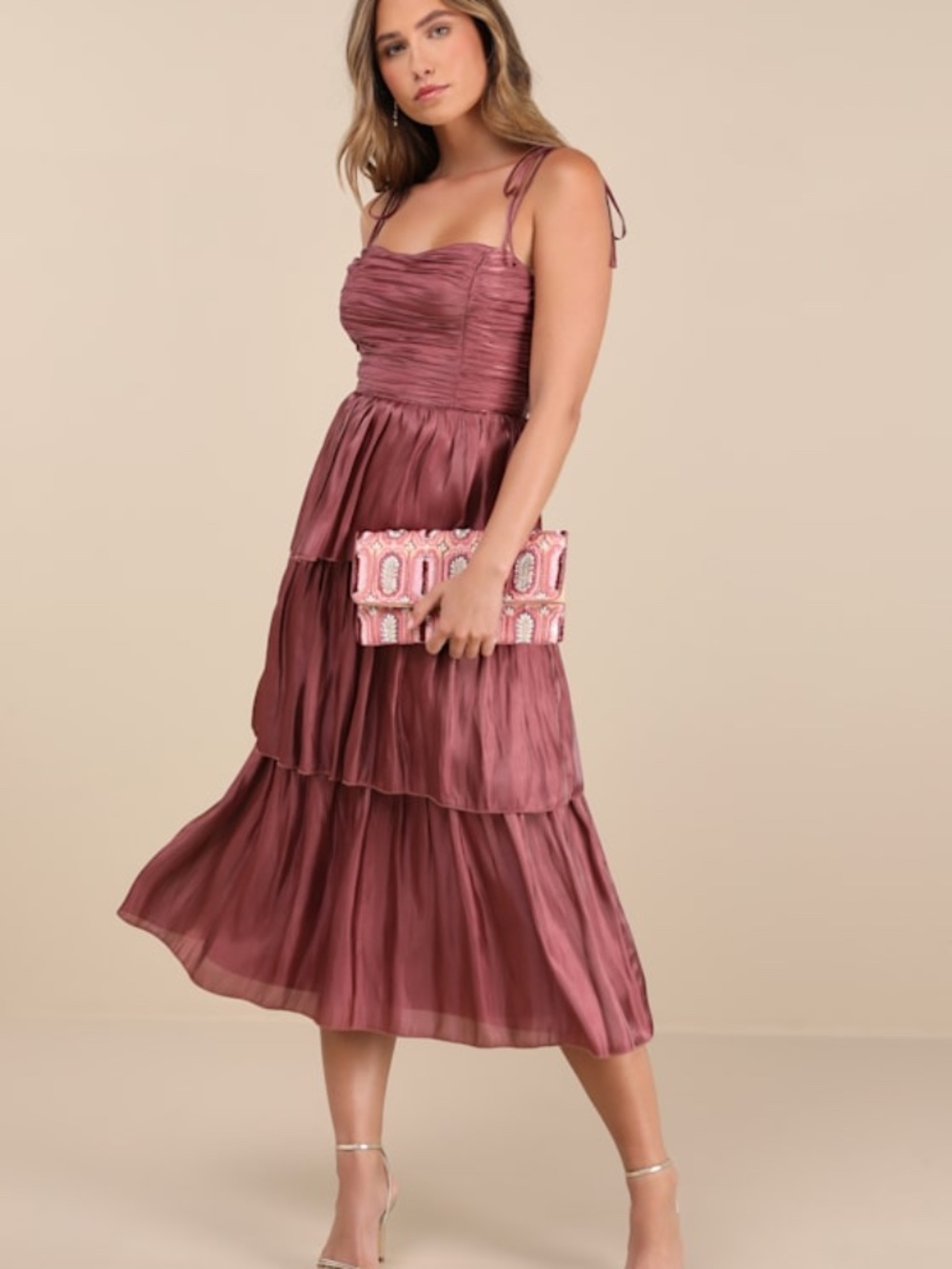 Lulus Tennon Dusty Rose Plisse Tiered Midi Dress Pink - Size L